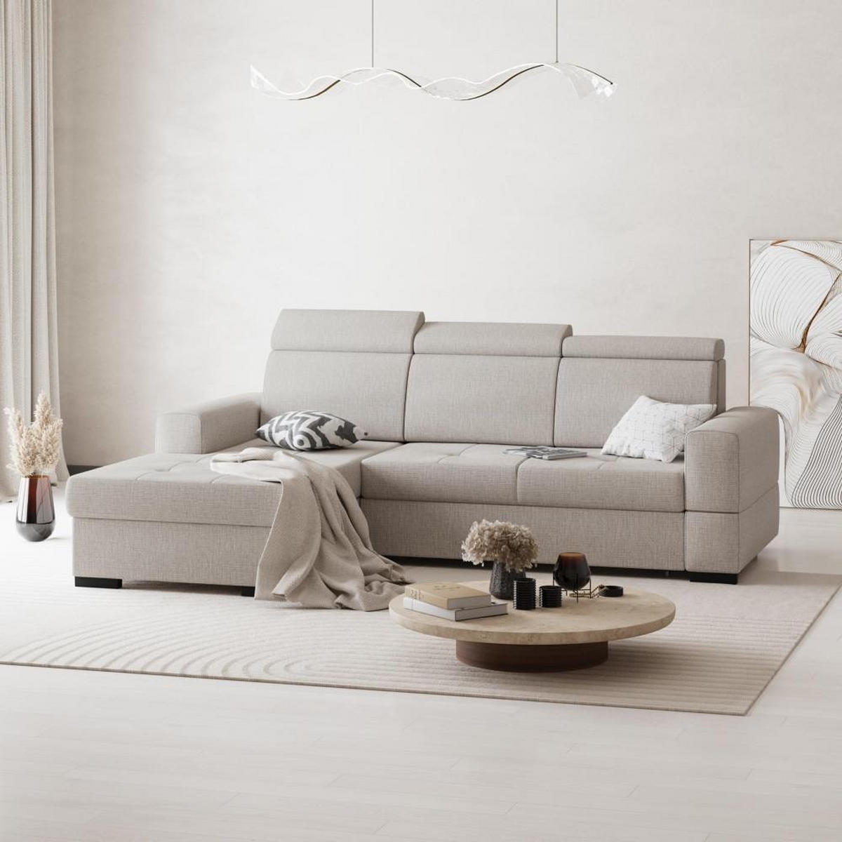 ECKSCHLAFSOFA Alex Mini beige links - Beige/Schwarz, Textil (245/185cm) - Beautysofa