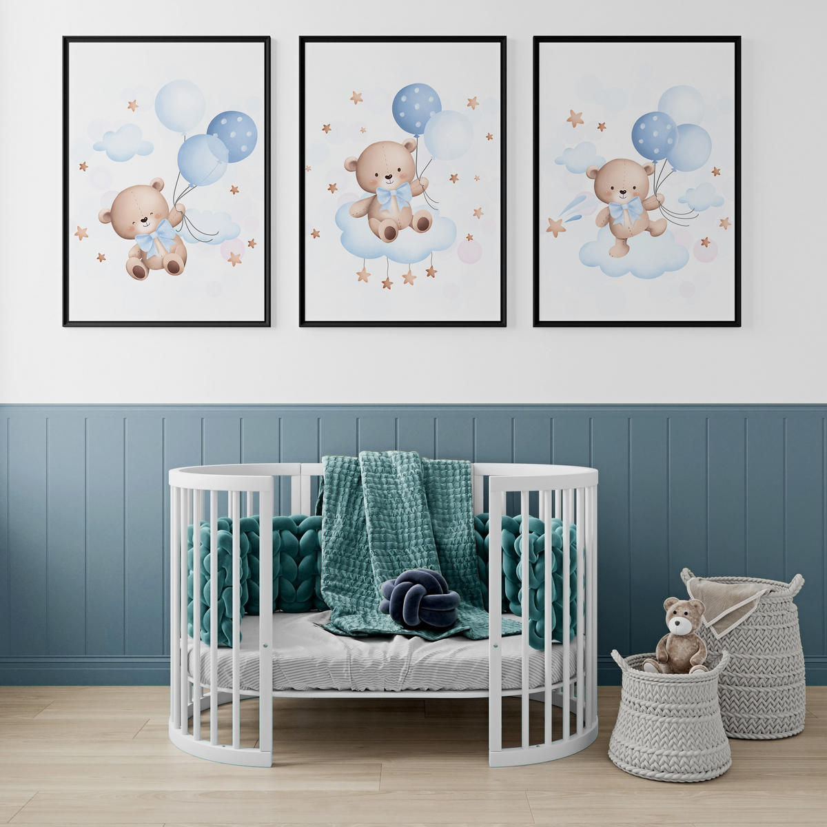 SADA PLAGÁTOV Do Detskej Izby Mackovia Modré Balóny Oblaky Hviezdy 3x Plagát A4 21 x 30 cm - hnedá/žltá, papier (21/30/1cm) - Muralo