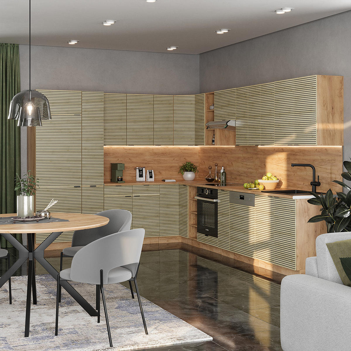 ECKKÜCHE Fame-Line Eiche Paneel/Goldkraft Eiche 347 x 257 cm ohne Arbeitsplatte - Honigeiche/Hellbraun, Holzwerkstoff (347/81.6/46cm) - Vicco