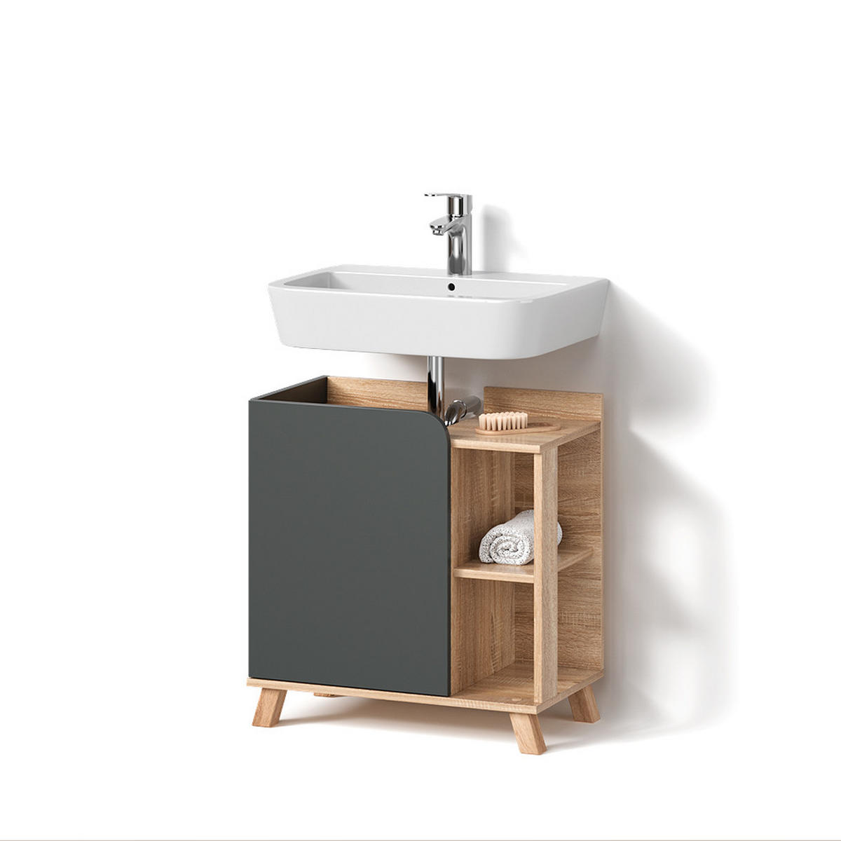 WASCHBECKENUNTERSCHRANK Marano Anthrazit 60 x 65 cm mit Tür und offenen Fächern - Anthrazit/Sonoma Eiche, Holzwerkstoff (60/65/35cm) - Livinity®