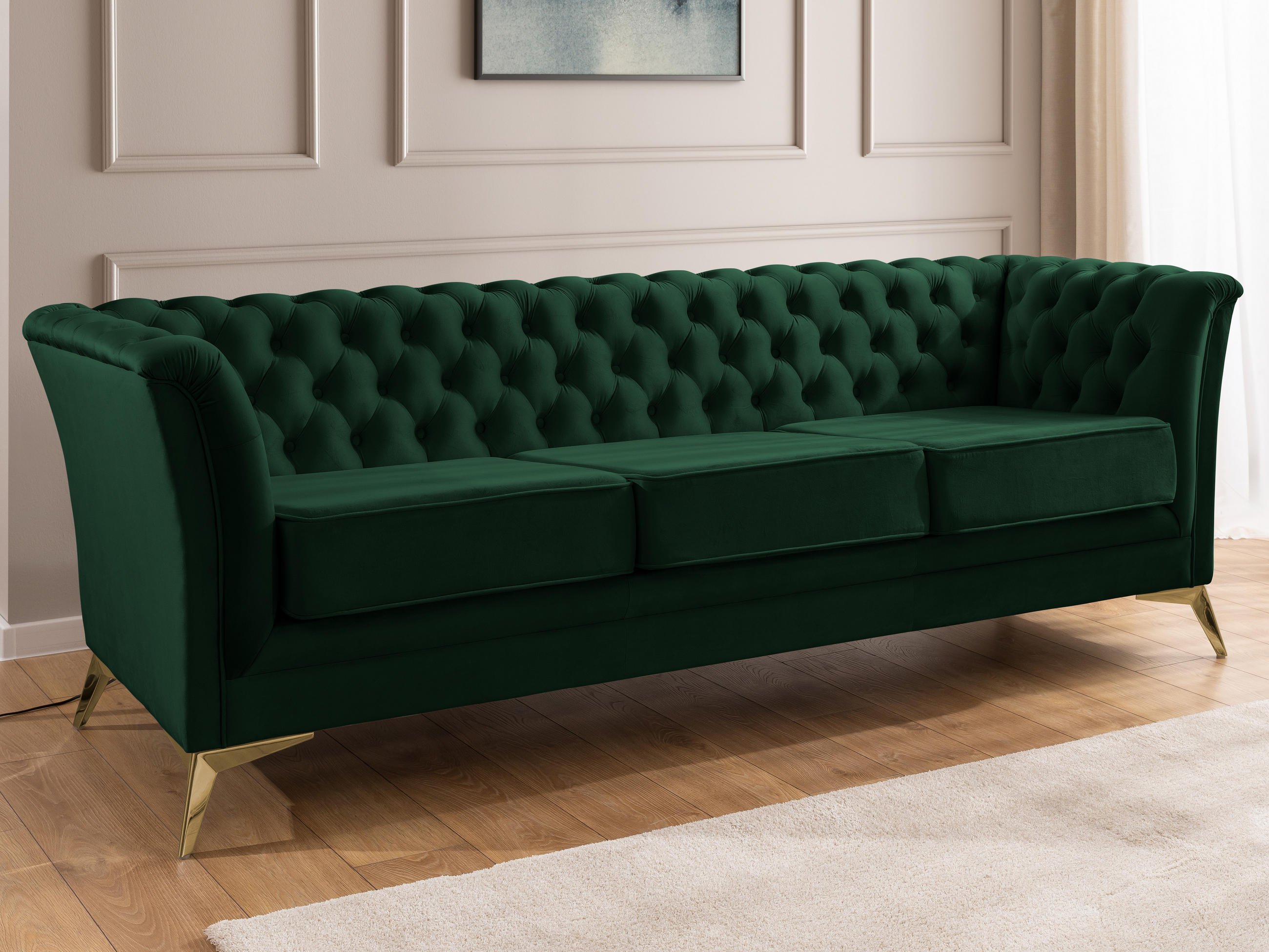 CHESTERFIELD-SOFA 3-sitzer Whitby Flaschengrün Samt mit goldenen Füßen - Dunkelgrün/Goldfarben, Holz/Textil (237/78/82cm) - S-Style Möbel