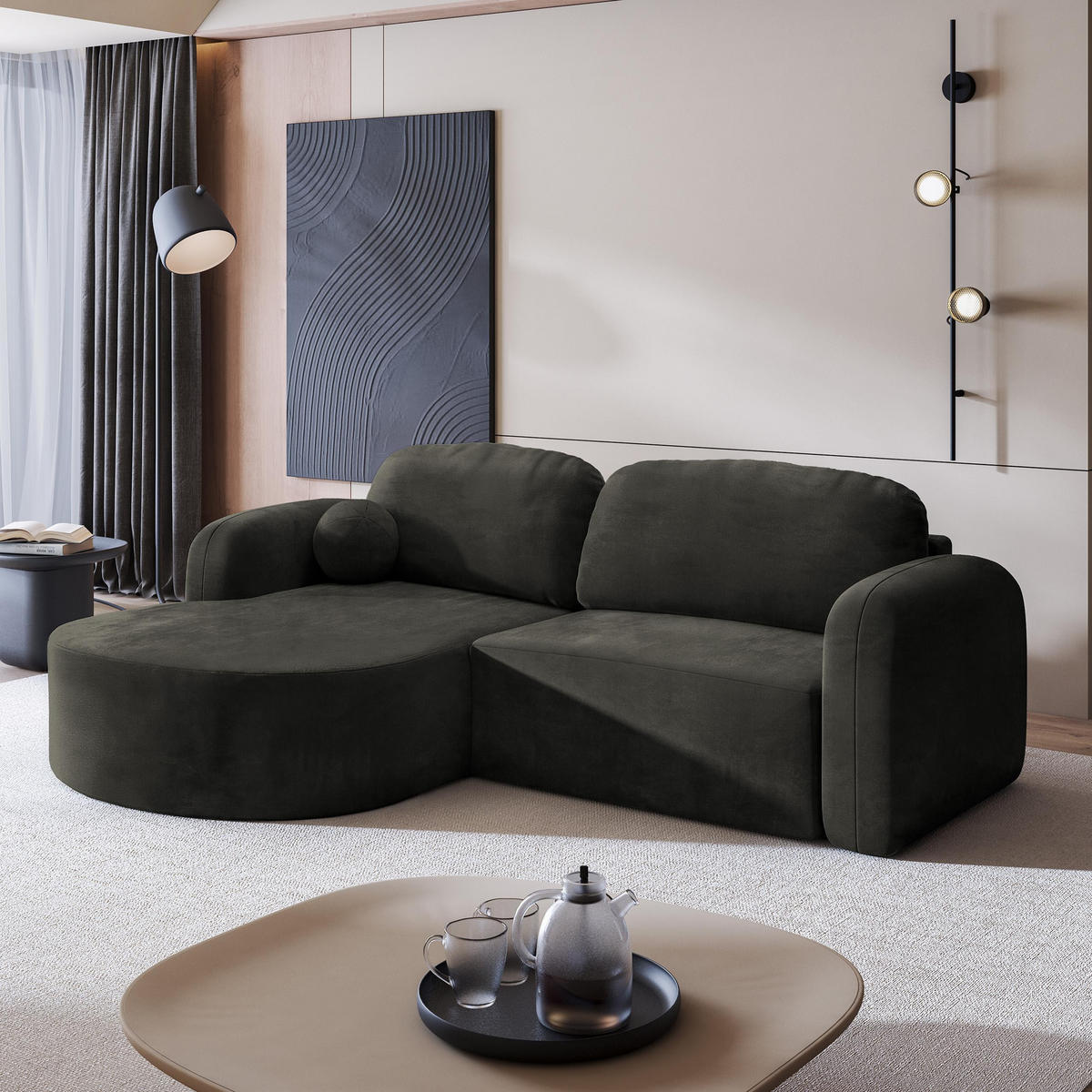 ECKSOFA AMILIA M L-S Schwarz Velours-Stoff mit Schlaffunktion - Schwarz, Holz (263/174cm) - MASSENO