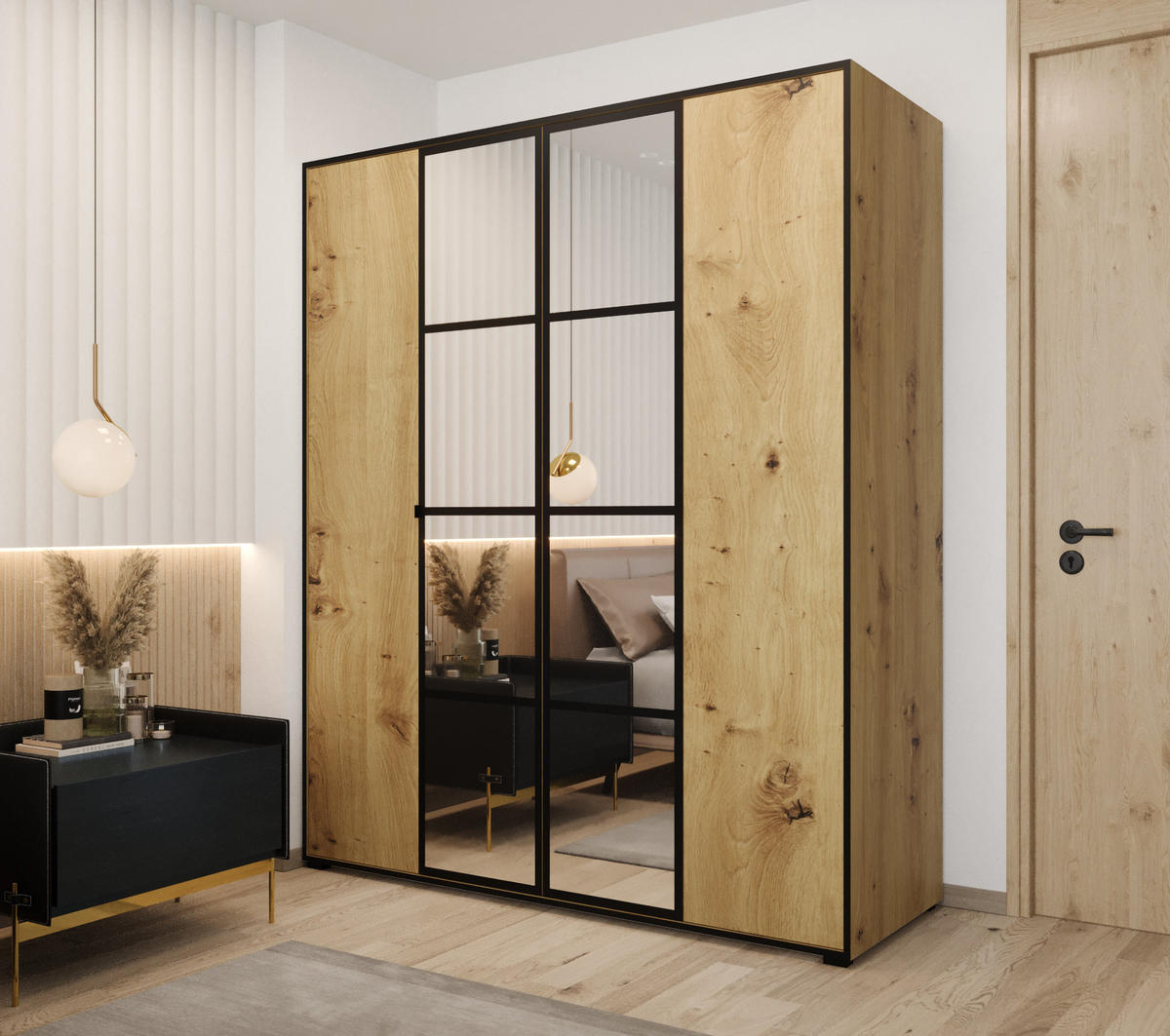 DREHTÜRENSCHRANK MODENA 180, 4-türig Kleiderschrank mit 2 Spiegel, Moderne Garderobe, Schrank in Größe: 180 x 206 x 65 cm - Schwarz/Braun, Holzwerkstoff (180/206/65cm) - O-Sofa