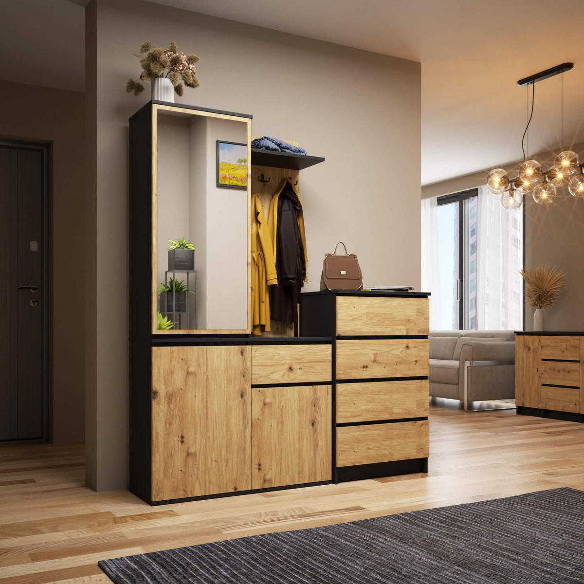 GARDEROBE Entro mit Spiegel, Schwarz/Eiche Artisan, 95x183x35 cm - Schwarz/Eiche Artisan, Holzwerkstoff (95/183/35cm) - Akord