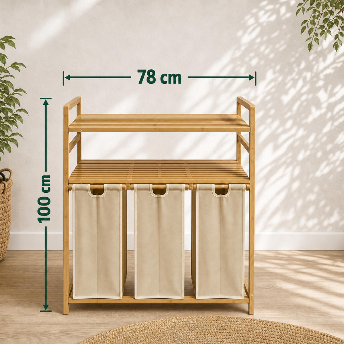 WÄSCHESAMMLER Natur Beige 3er-Set Bambus - Multicolor, Holz/Textil (78/100/41.5cm) - Relaxdays