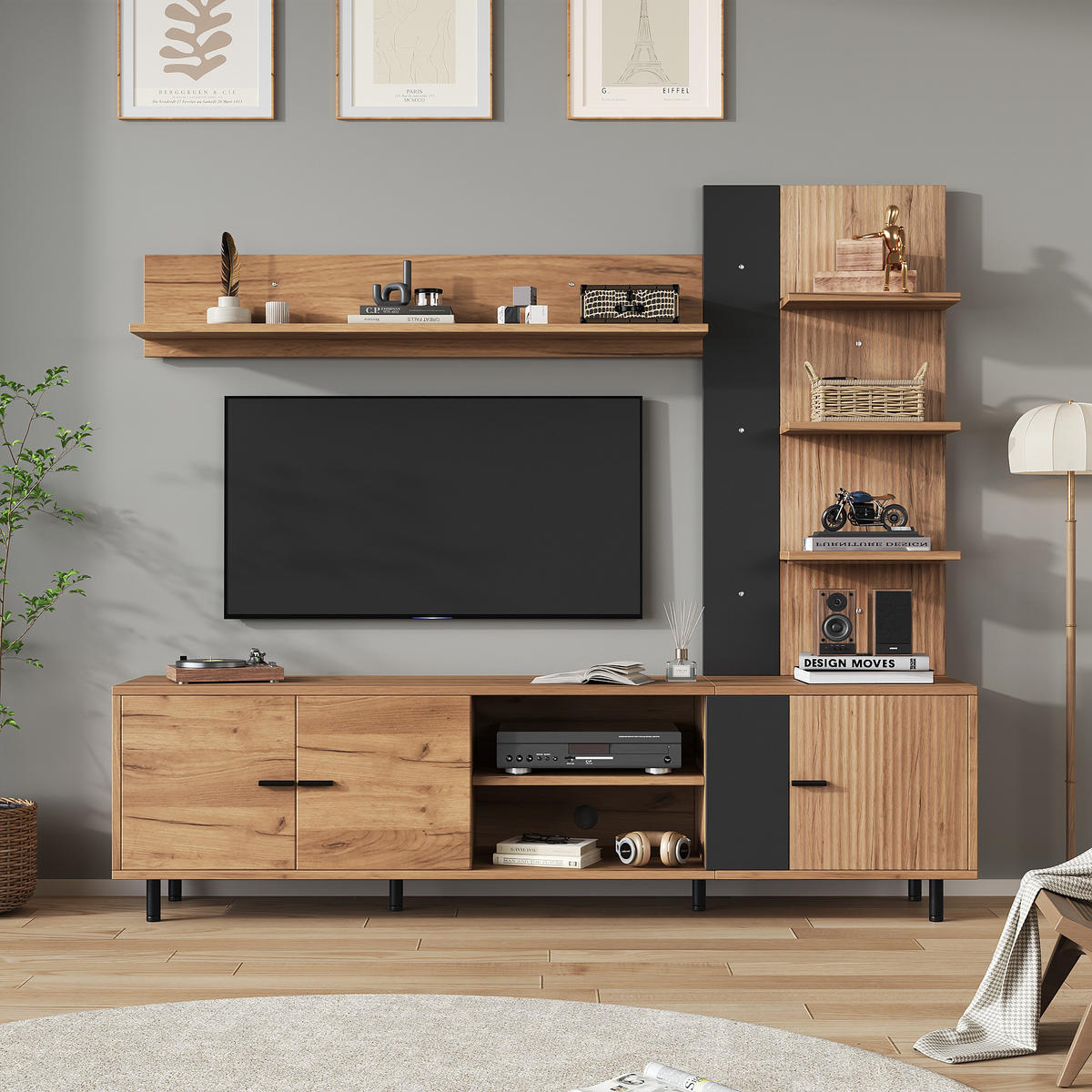 WOHNWAND 188cm Holz Schwarz TV-Board Vitrine Regal - Multicolor, Holzwerkstoff (187.5/167/40cm) - FLIEKS