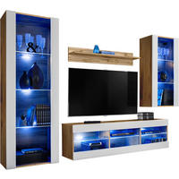 WOHNZIMMERSET TIVOLI MEDIO, 4er-Set, Weiss, LED Blau - Eiche Wotan/Weiß, Glas/Holzwerkstoff (245/159/35cm) - Komodee