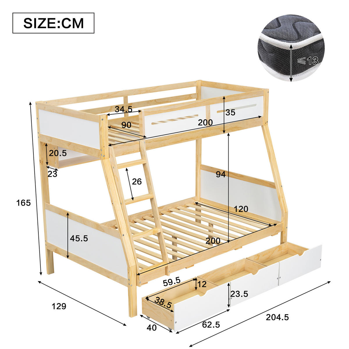 ETAGENBETT 90/200 cm und 120/200 cm mit 3 Schubladen, Bilderbuchregal und Trittleiter aus Kiefer/MDF, Weiß/Natur - Weiß, Holz (90/200cm) - Redom