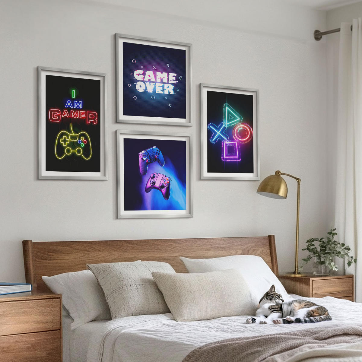 BILDER SET 4er Set - 50x50 cm & 40x60 cm Silberner Rahmen - Gamepads, Spielersymbol-Untertitel - Silberfarben, Kunststoff (50/50cm) - TULUP