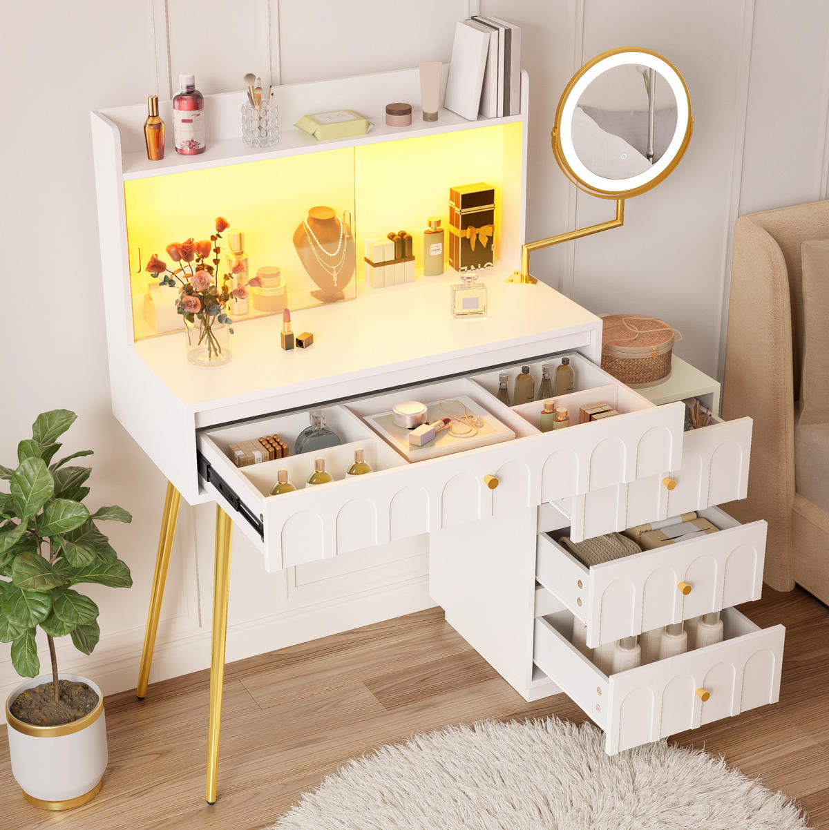 SCHMINKTISCH aus MDF und Spanplatte 34,5x112x116 cm Weiß mit LED-Spiegel, Glasschiebetüren und 4 Schubladen - Weiß, Holzwerkstoff (112/116/34.5cm) - Modfu