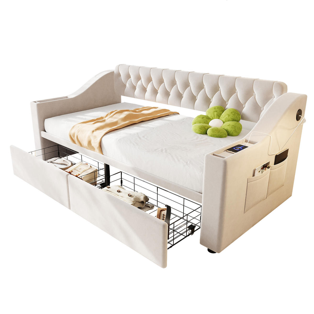 POLSTERBETT 90/190 cm Beige mit Stauraum und mit USB- und Type-C-Anschlüssen aus Samt - Beige, Textil (90/190cm) - OKWISH