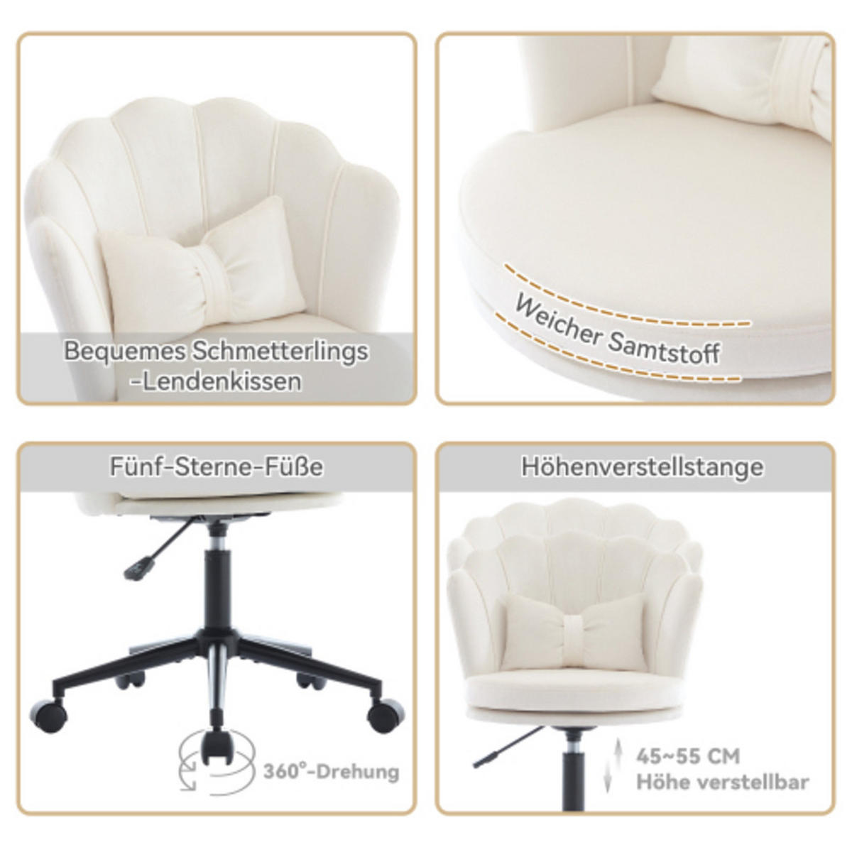 DREHSTUHL 55×62×73-83cm höhenverstellbar, Samt, beige - Beige, Textil (62/83/55cm) - Luhomfu