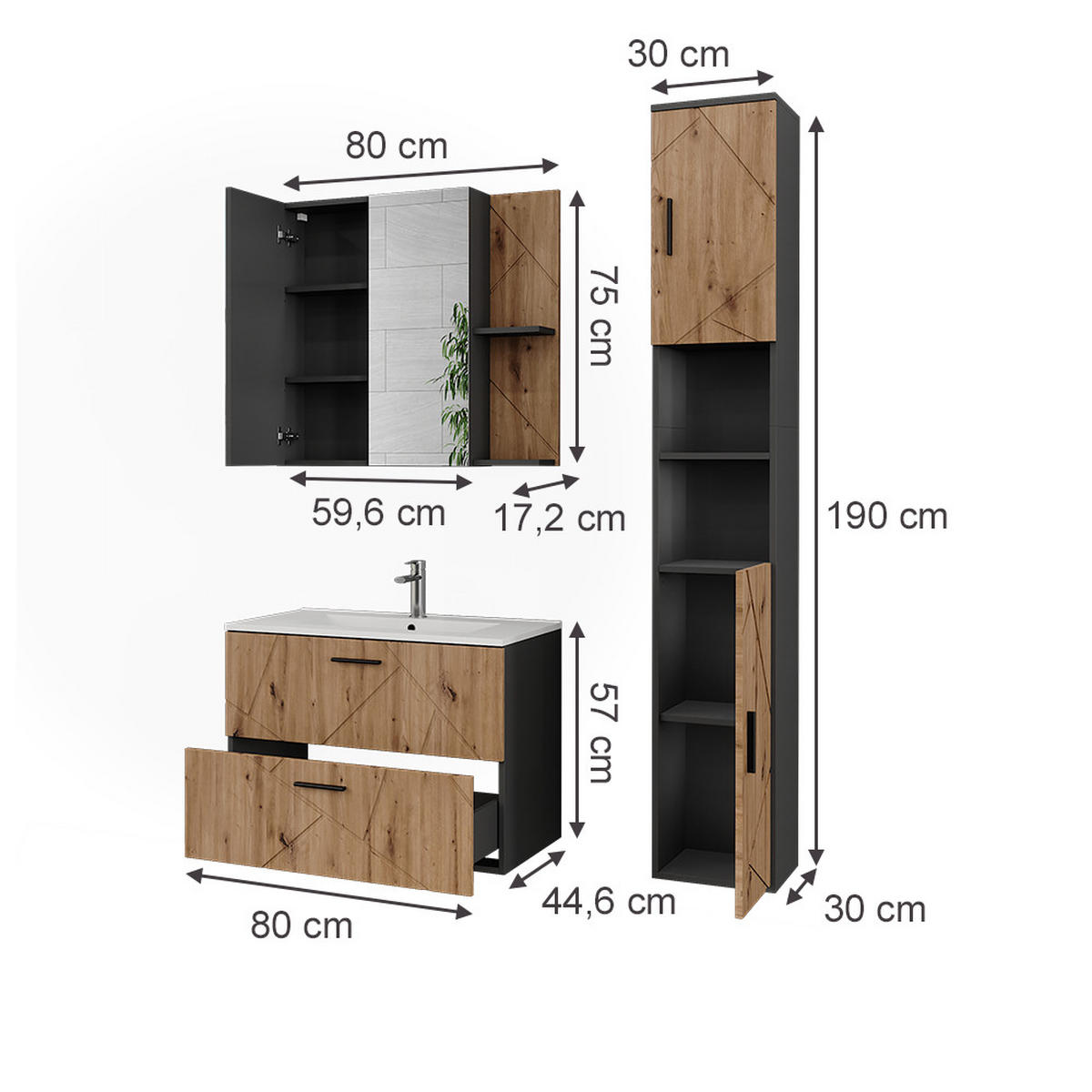 KOUPELNOVÝ NÁBYTEK Irma Antracit/Artisan - světle šedá/antracitová, kompozitní dřevo (80/57/44.6cm) - Vicco