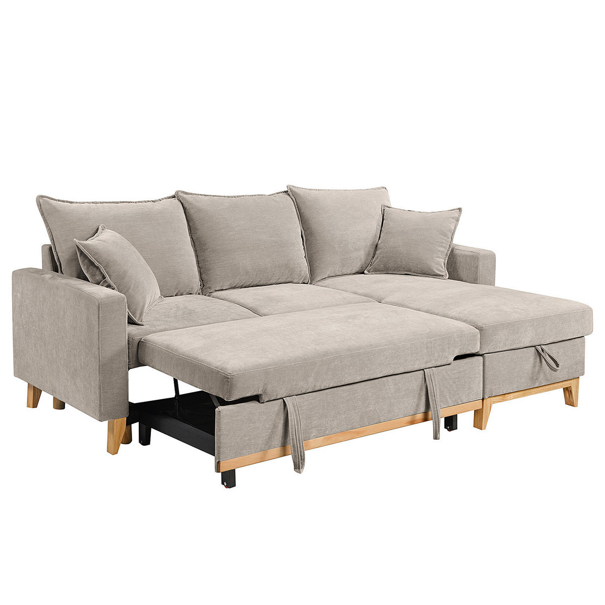 ECKSOFA mit Schlaffunktion - Flachgewebe - Hellbraun/Grau, Holz/Textil (214/145cm) - home24