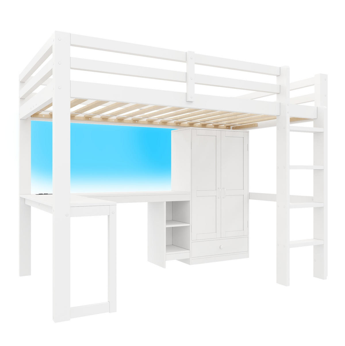 HOCHBETT aus Kiefernholz und MDF 90x200 cm Weiß mit Schreibtisch, Kleiderschrank, USB und LED-Beleuchtung - Weiß, Holzwerkstoff (90/200cm) - Modfu