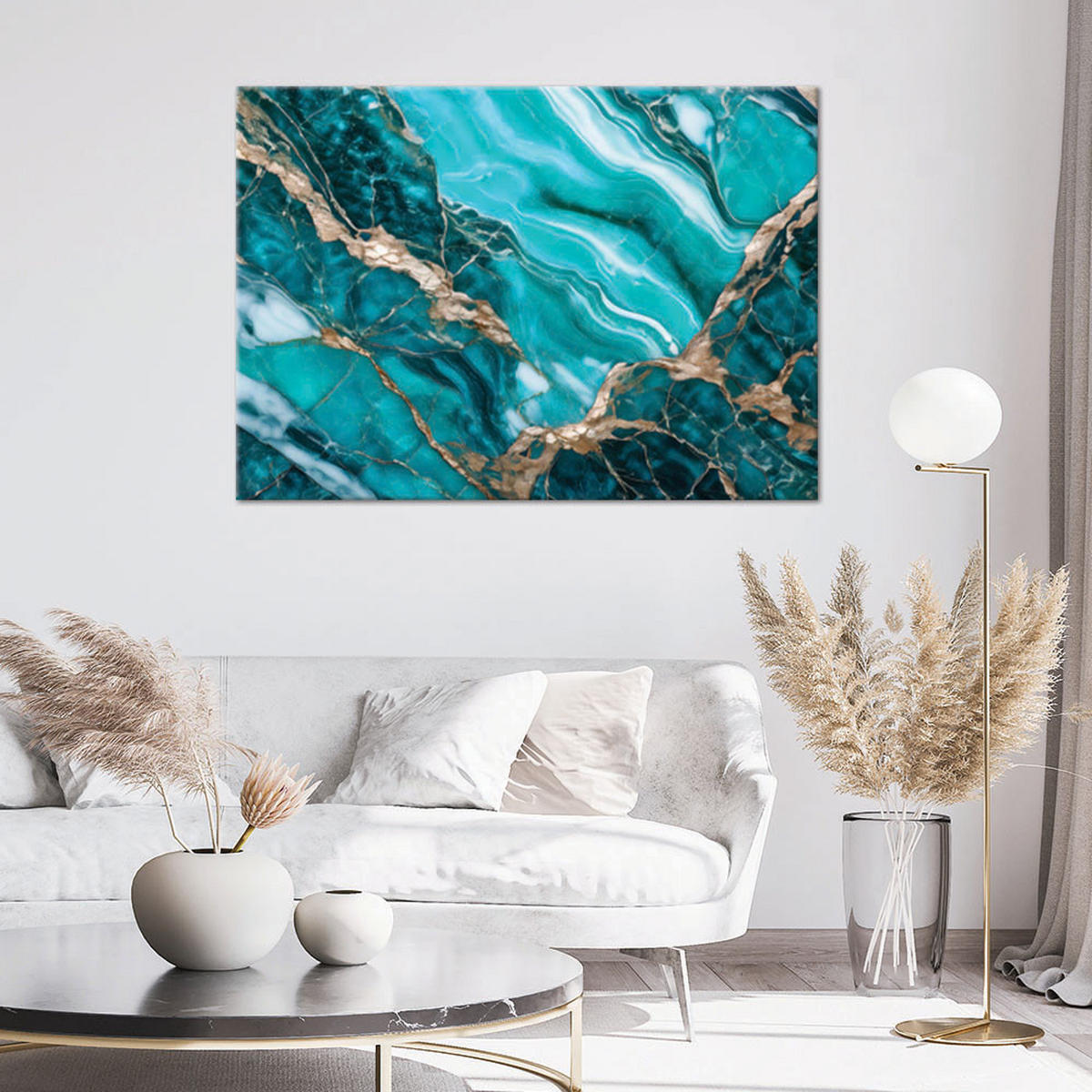LEINWANDBILD Türkisfarbener Marmor mit Gold - Türkis, Textil (100/70cm) - Feeby