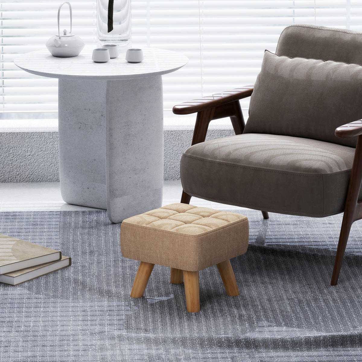FUSSHOCKER Hocker Moderner Sitzhocker mit Leinenoptik, Holzbeine, Braun - Braun, Kunststoff (27/26/27cm) - HOMCOM