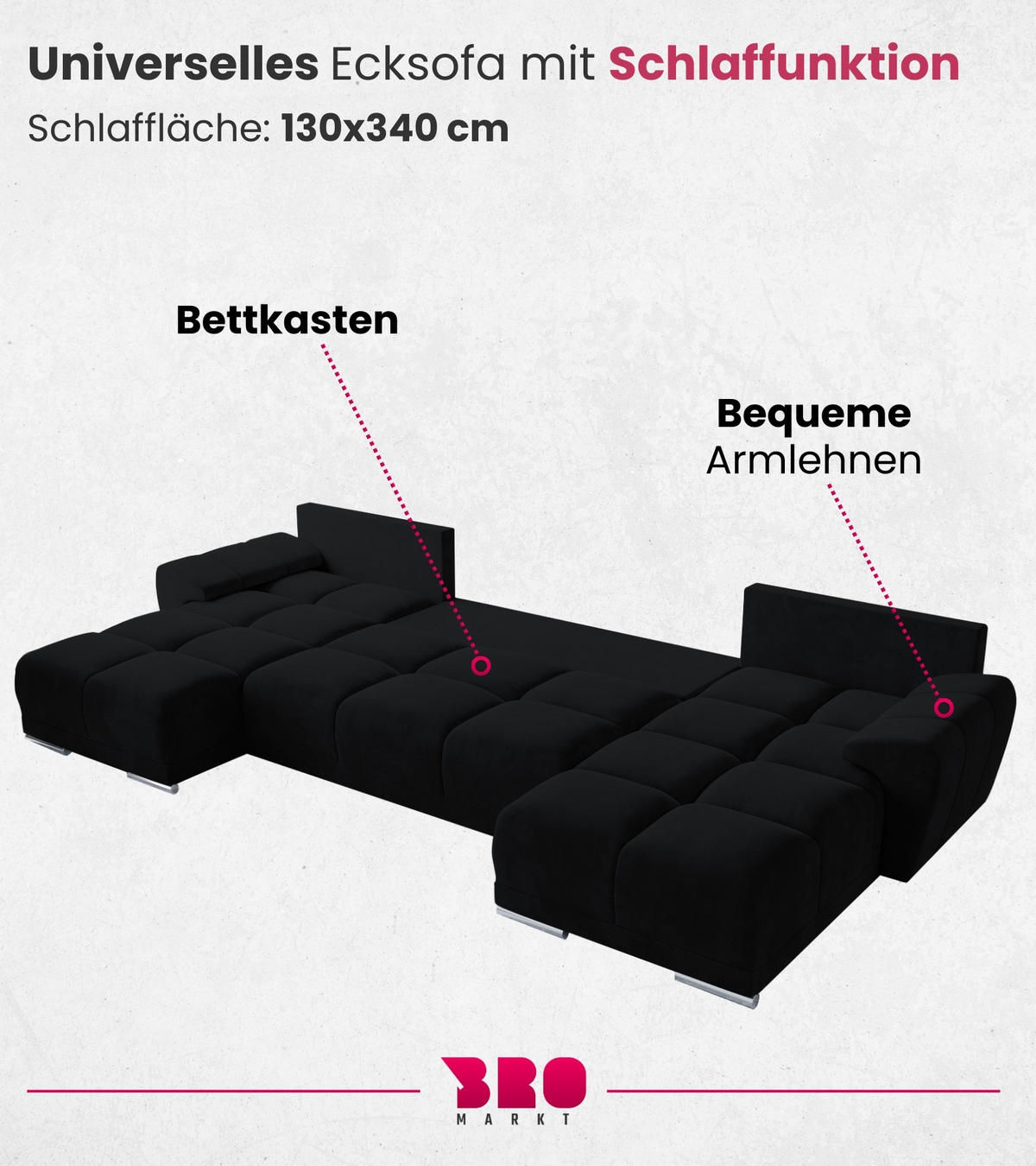 WOHNLANDSCHAFT Nubes mit Schlaffunktion Graphit Plüsch - Silberfarben/Graphitfarben, Kunststoff/Textil (372/85/184cm) - Bromarkt