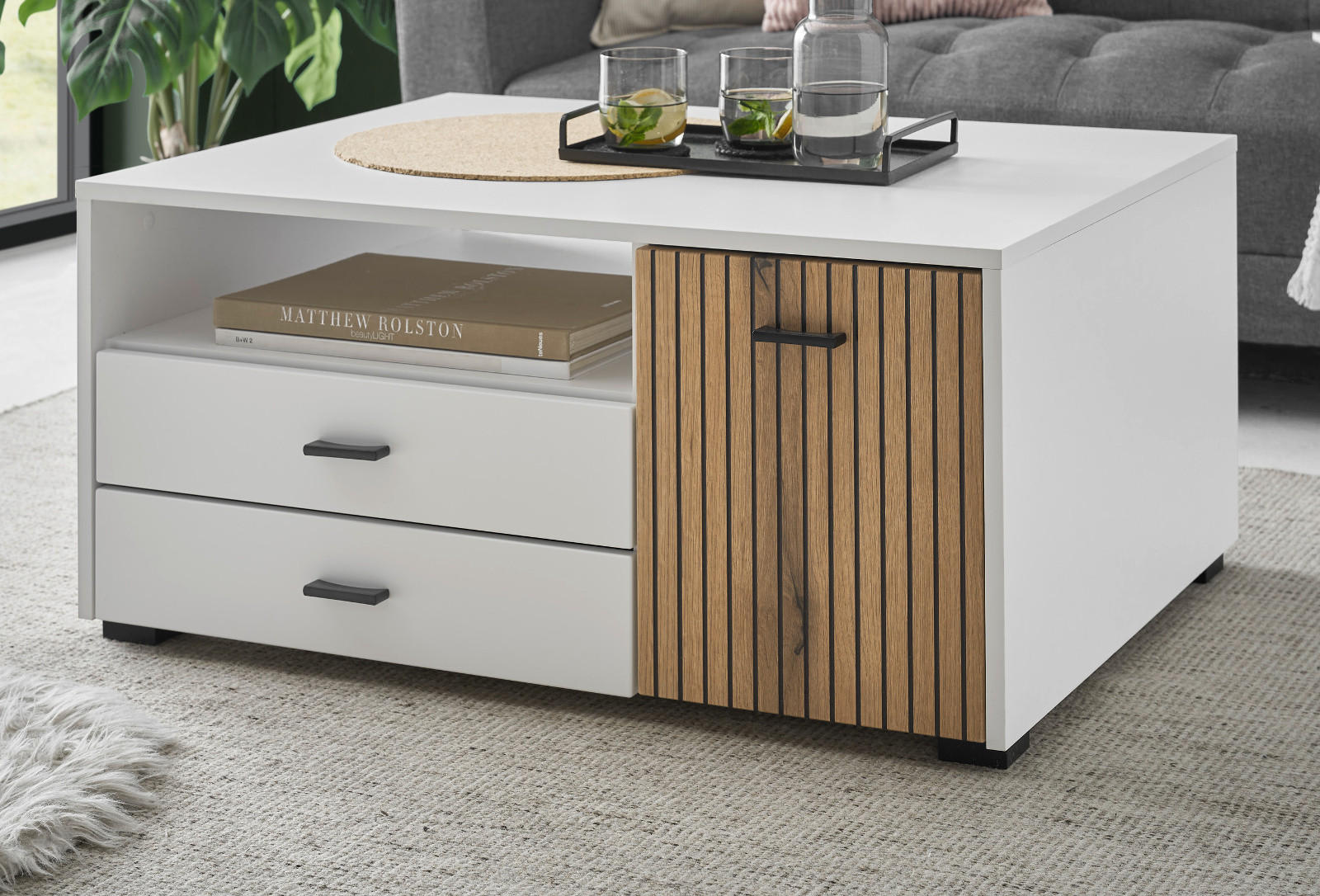 COUCHTISCH weiß matt, Eiche 90 cm, Wohnzimmertisch mit Stauraum und Soft-Close - Schwarz/Weiß, Holzwerkstoff/Kunststoff (70/90/43cm) - Furn.Design