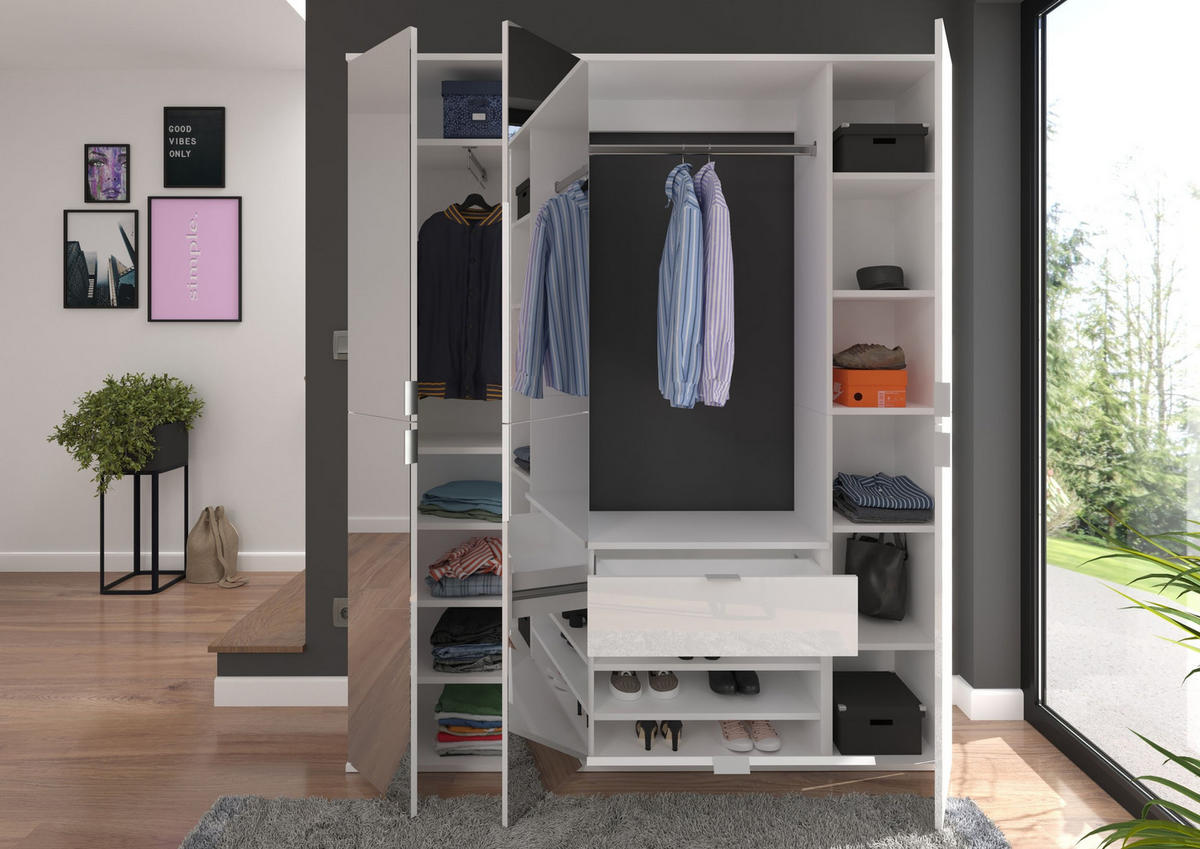 GARDEROBENKOMBINATION 4tlg. Projekt X Garderobe in weiß Nb. und weiß hochglanz B/H/T: 152x193x34 cm - Weiß, Holzwerkstoff (152/193/34cm)