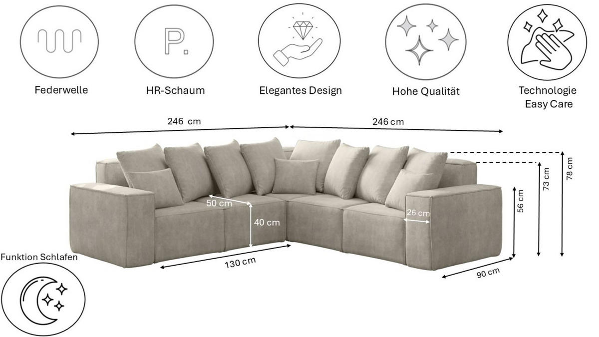ECKSOFA Corner Ella Stoff Noel Velours Hellgrau - Hellgrau, Holz/Textil (246/246cm) - Kaiser Möbel