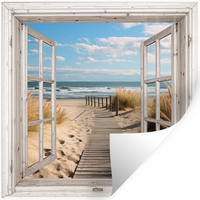 WANDTATTOO Fenster - Meer - Küste - Natur - Ausblick - Strand - Wattenmeer 50x50 cm - Beige, Kunststoff (50/50/0.1cm) - MuchoWow