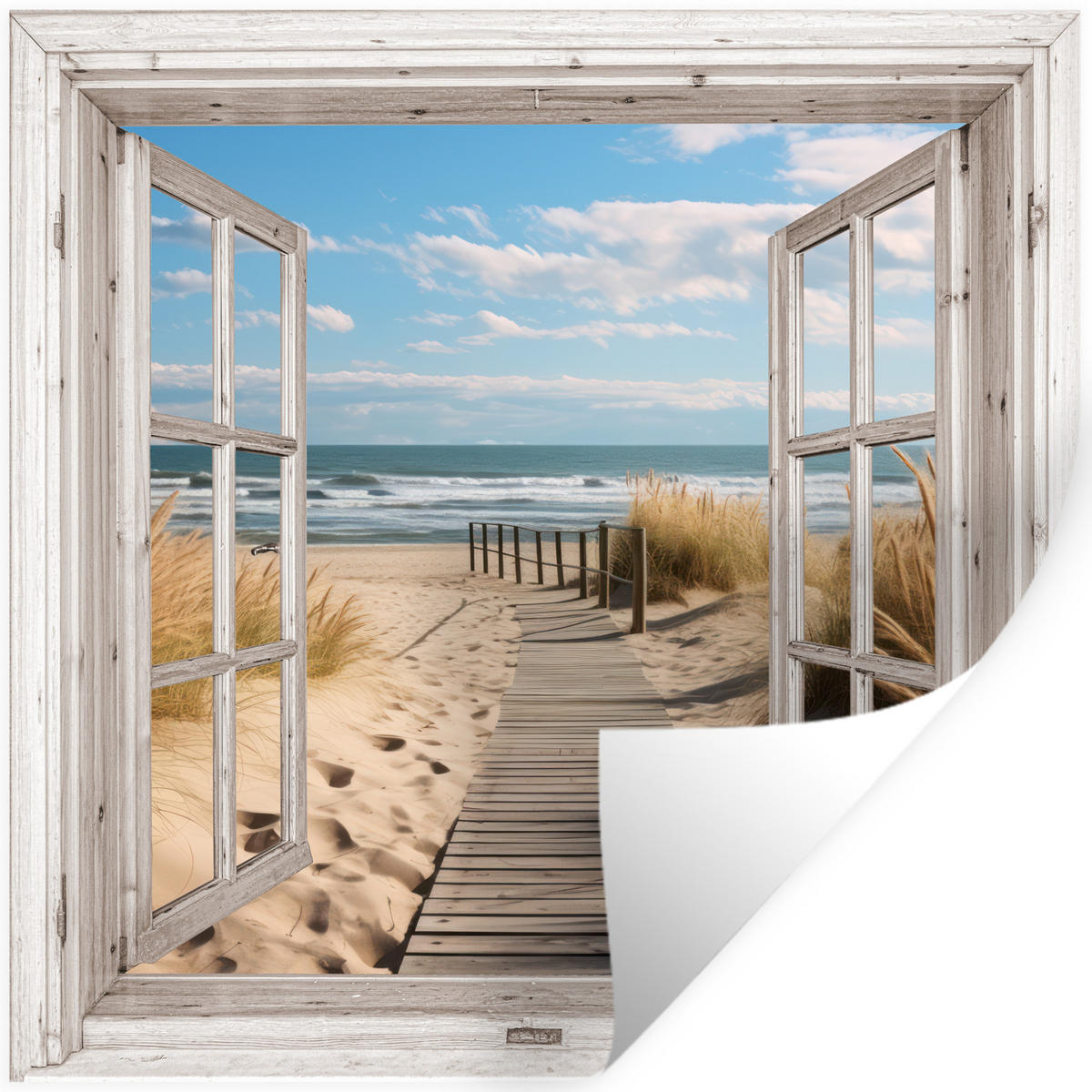 WANDTATTOO Fenster - Meer - Küste - Natur - Ausblick - Strand - Wattenmeer 50x50 cm - Beige, Kunststoff (50/50/0.1cm) - MuchoWow