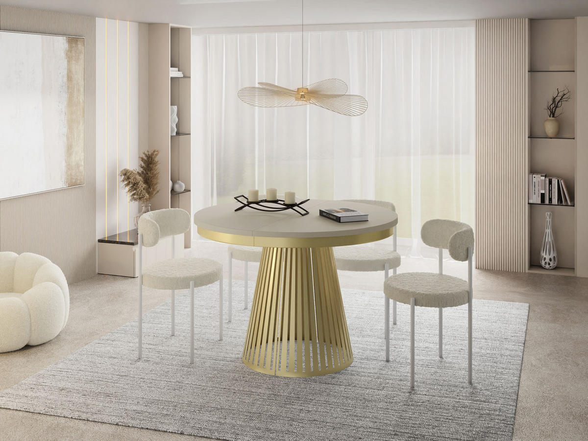 ESSTISCH Naro rund ausziehbar mit Goldem Lamellen-Metallgestell, Beige-Grau Kaschmir 100-180/100/76 cm - Kaschmir/Goldfarben, Holzwerkstoff/Metall (100/100/76cm) - WFL GROUP