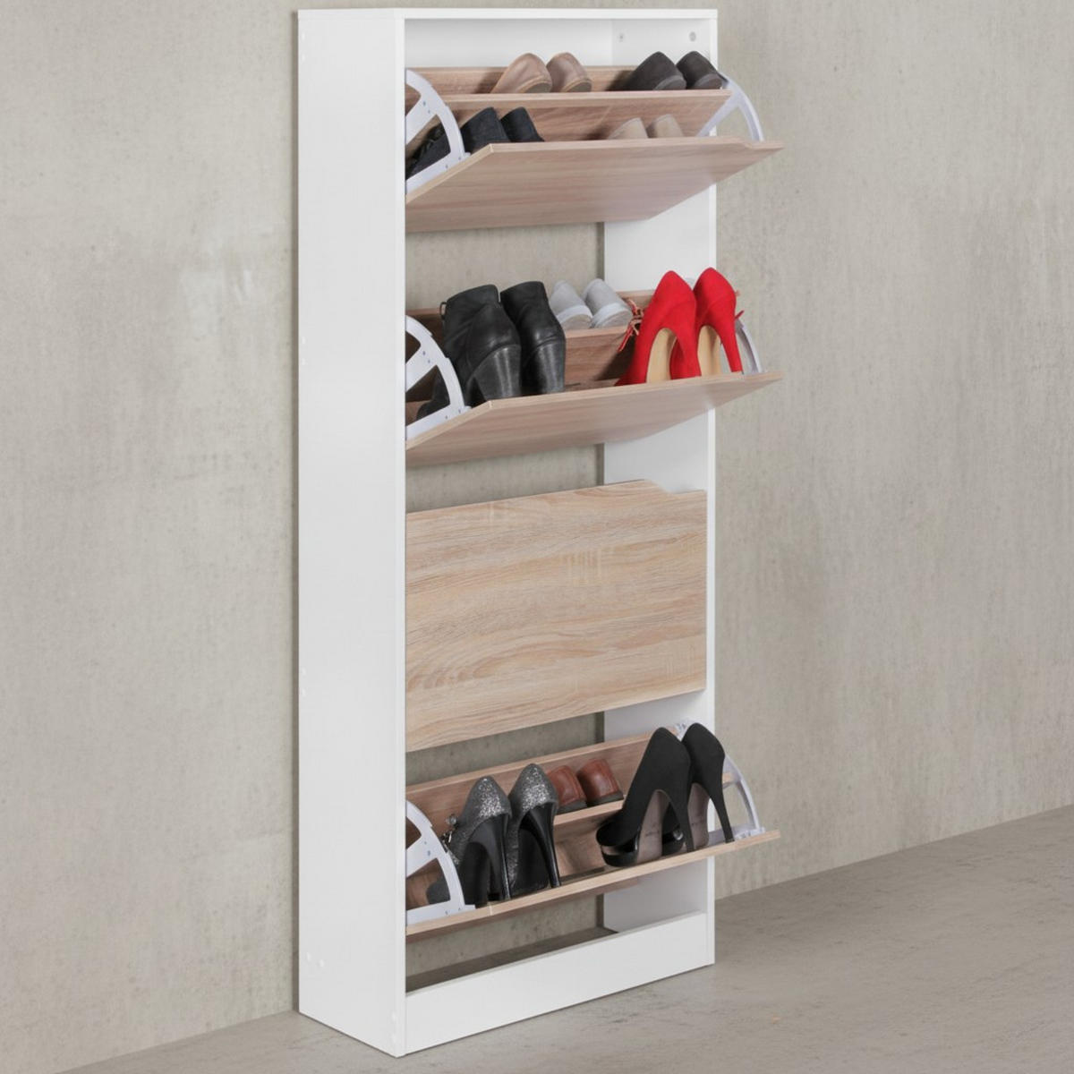 SCHUHSCHRANK – Weiß/Sonoma Eiche, 4 Fächer, für ca. 24 Paar Schuhe - Weiß, Holz (60/150/24cm) - KADIMA DESIGN