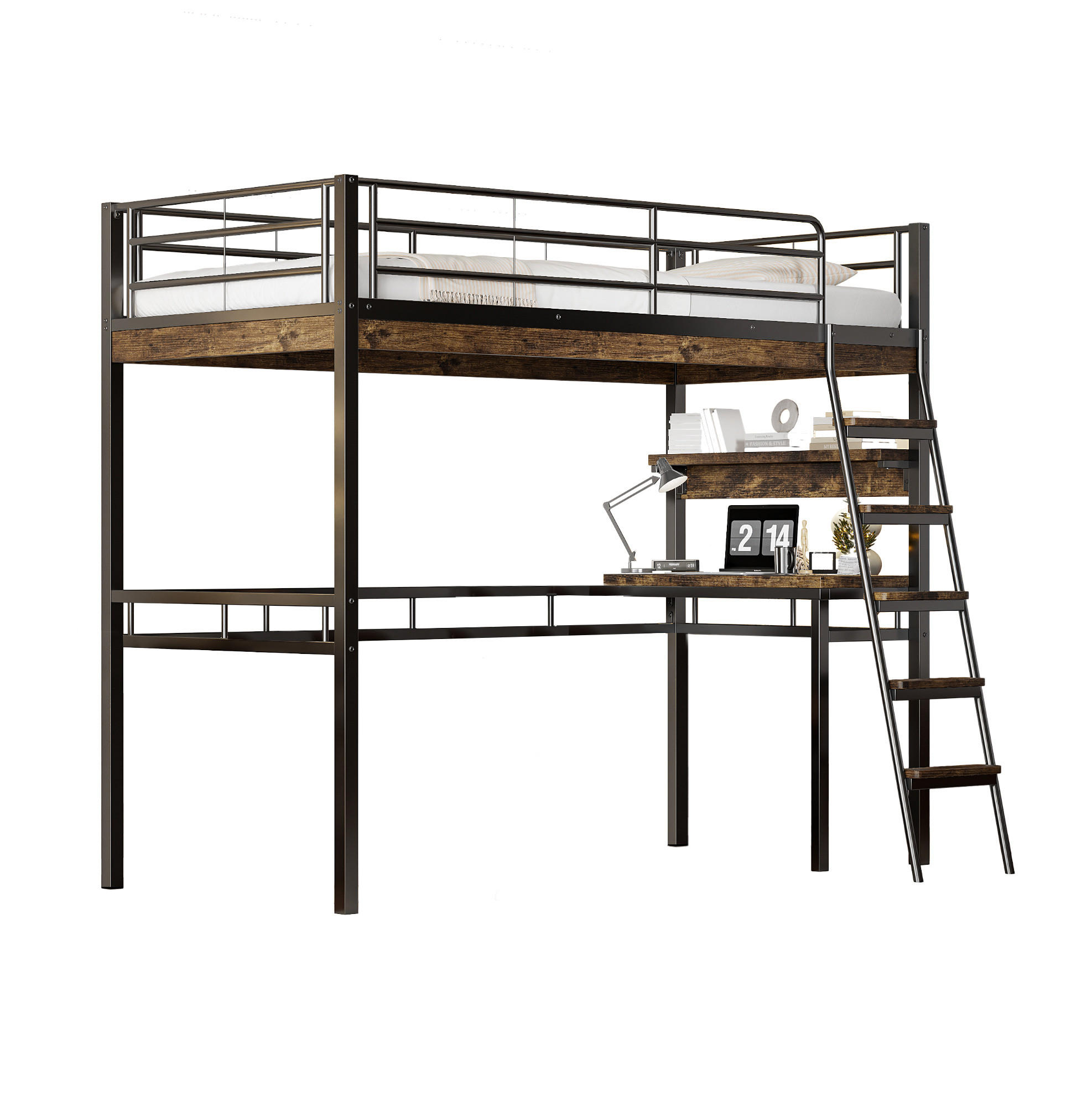 HOCHBETT 90/200 cm, Schwarz mit Schreibtisch und Regalen, ohne Matratze - Schwarz, Metall (90/200cm) - MIVRAY