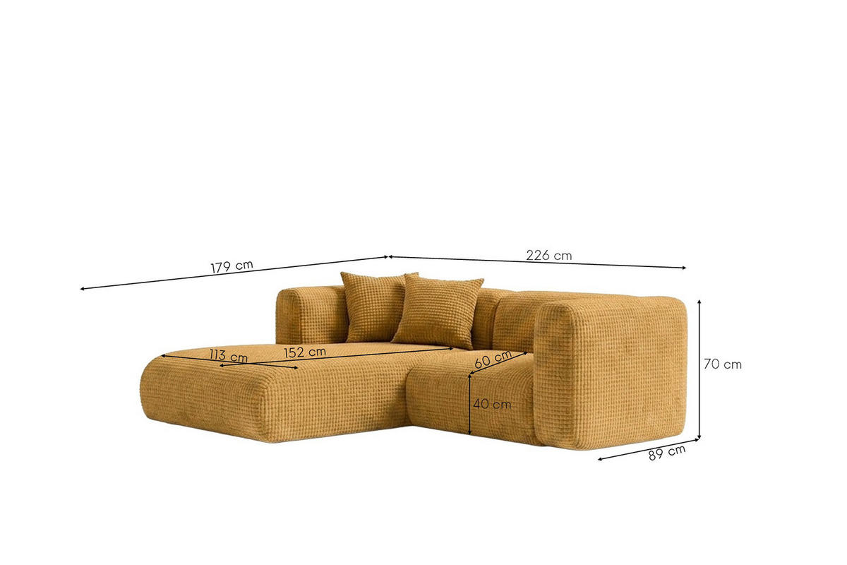 ECKSOFA L-Form mini, Chenille-Stoff Cremona, Golden, Links, GRETA - Goldfarben, Holz (226/179cm) - Kaiser Möbel