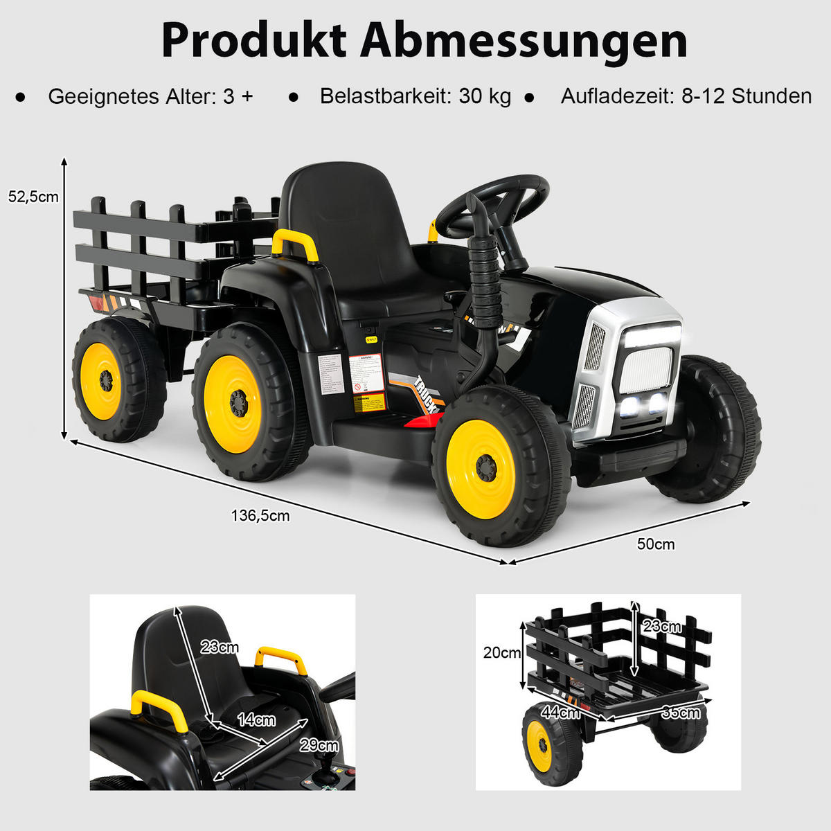 TRAKTOR 12 V 3-växlad Svart - Svart, Plast (135/53/51cm) - COSTWAY