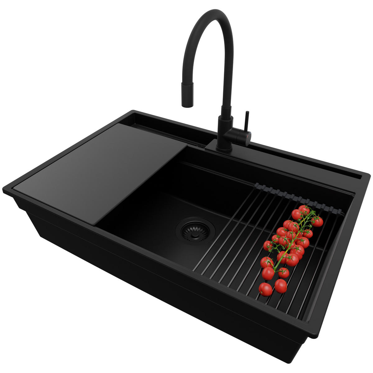 GRANITSPÜLE Oslo Pocket, 2-er set Alles Schwarz 78/53 cm 1 Becken + Küchenarmatur 40/38 cm + Ablauf-Set + Küchenzubehörset ab 80er Unterschrank - Schwarz, Kunststoff (78/20/53cm) - Primagran