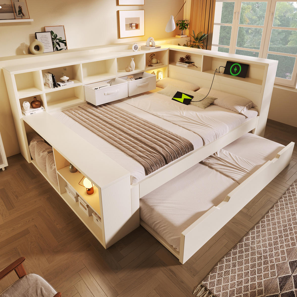 STAURAUMBETT aus Kiefernholz und Spanplatte 140x200 cm Weiß mit Ausziehbett, 8 Staufächern und USB-/Type-C-Anschlüssen - Weiß, Holz (140/200cm) - IVMEU