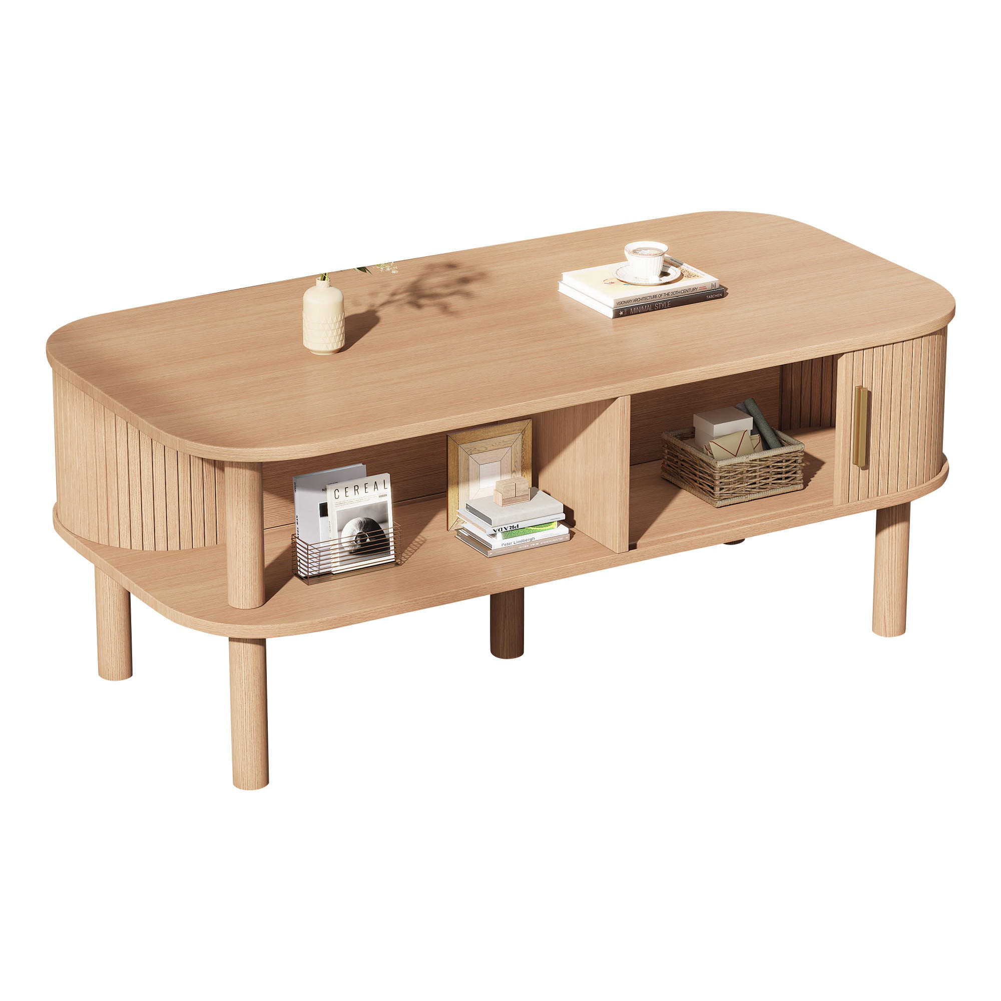 COUCHTISCH in Naturfarben mit Rolltor und offenen Fächern für Wohnzimmer, B110/T55/H45 cm - Naturfarben, Holzwerkstoff (55/110/45cm) - STILVORA