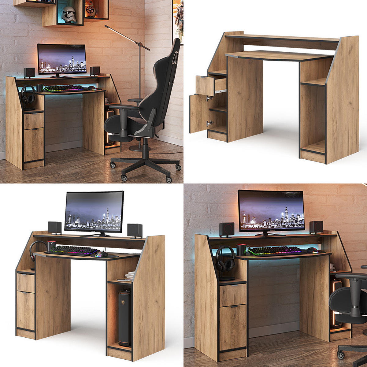 GAMING-TISCH Joel Goldkraft Eiche 123.2 x 45 cm mit 1 Schublade und 1 Tür - Eiche Wotan, Holzwerkstoff (45/123/90cm) - Vicco