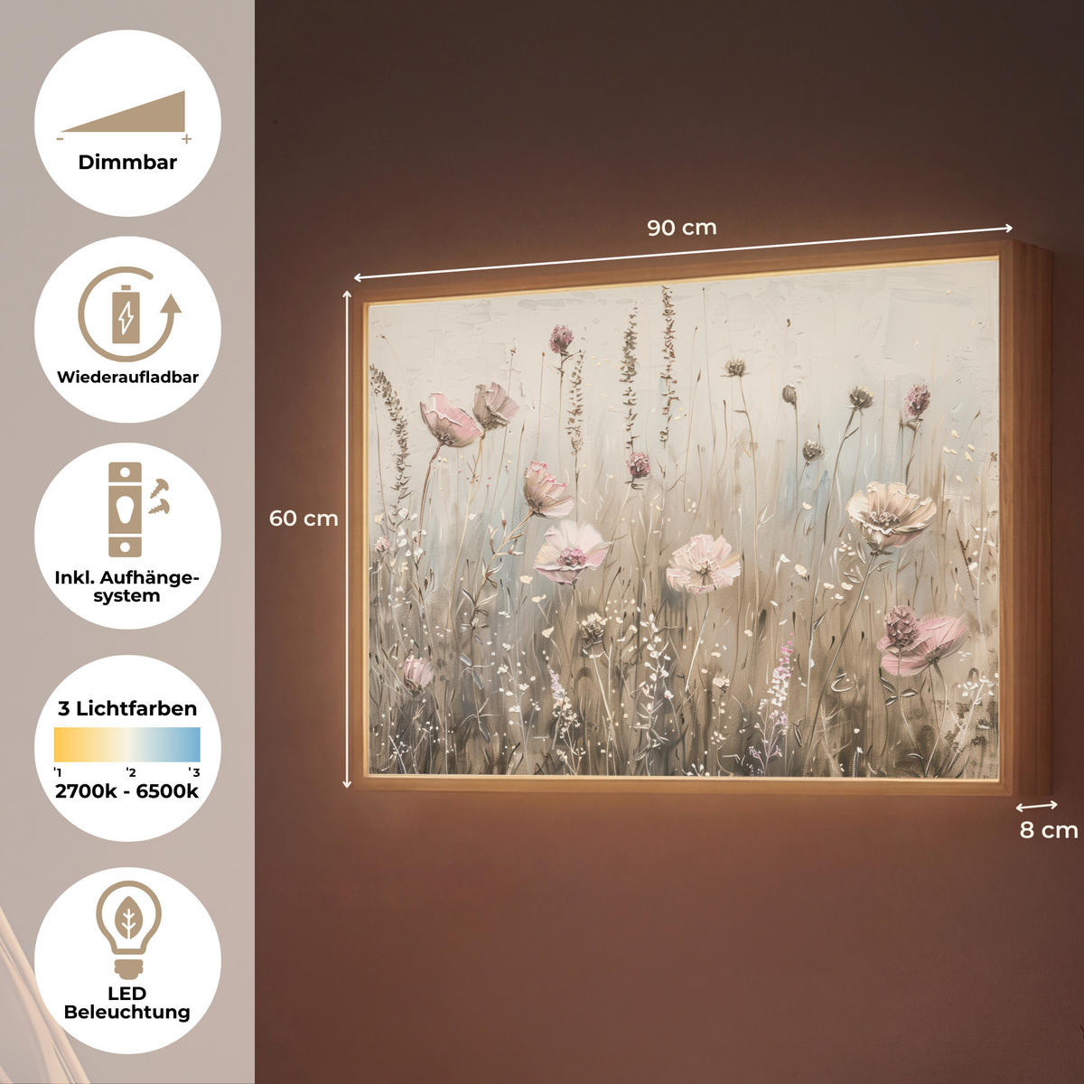 NÁSTĚNNÁ LAMPA S AKUMULÁTOREM Květiny - růžová - moderní - béžová 90x60 cm - starorůžová, kompozitní dřevo (90/60/8cm) - OnlyWow