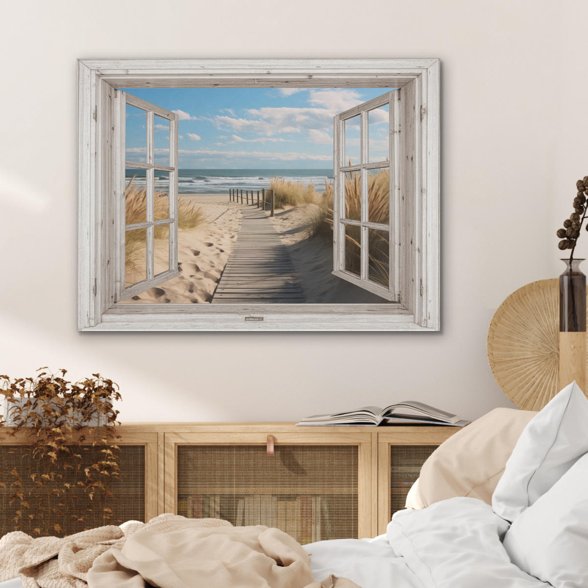 AKUSTIKPANEEL Fenster - Meer - Küste - Natur - Ausblick - Strand - Wattenmeer 80x60 cm - Beige, Textil (80/0.9/60cm) - MuchoWow