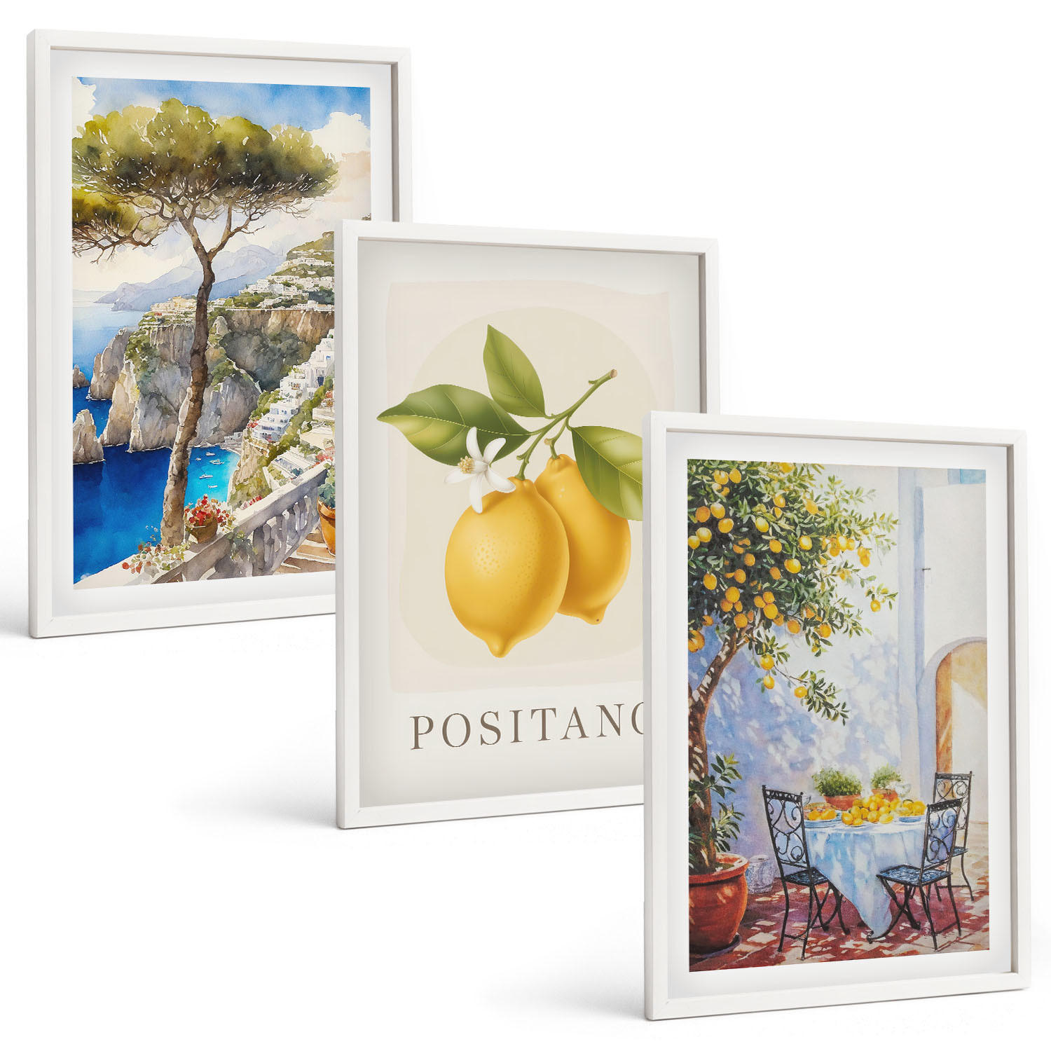 BILDER SET 3er Set - 40x60 cm Weißer Rahmen - Ansichten von Positano mit Zitronen - Weiß, Kunststoff (40/60cm) - TULUP