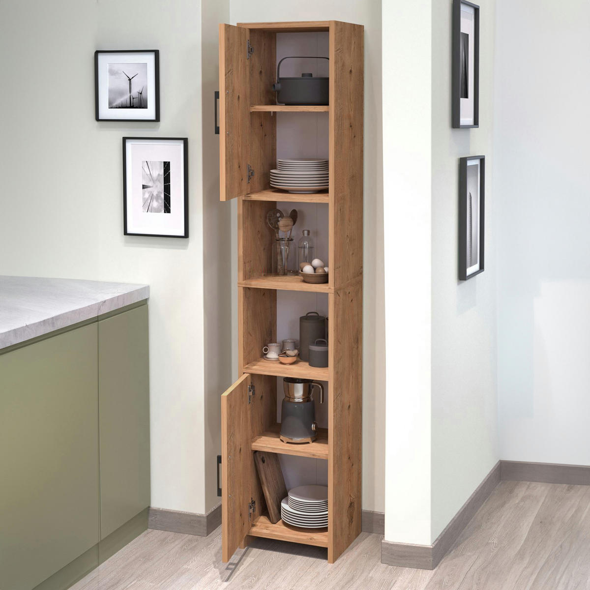 VYSOKÁ SKŘÍŇ Rautrina - barva dubu, kompozitní dřevo (35/180/30cm) - [en.casa]