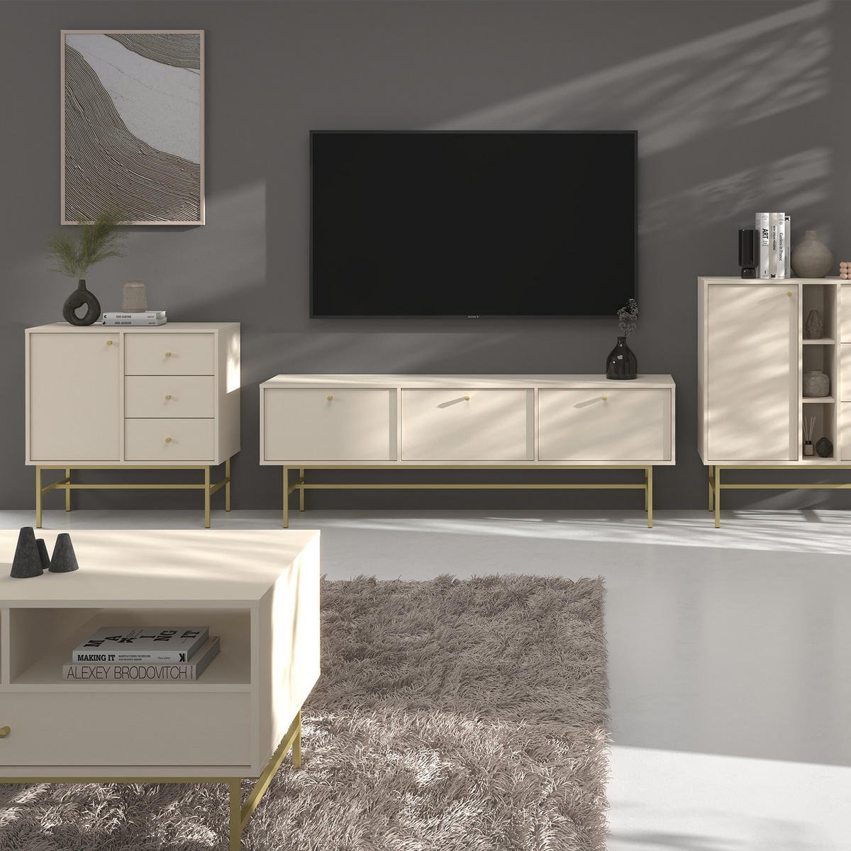 KOMMODE FLOREN, Creme/Gold - Creme, Holzwerkstoff/Metall (83.6/86.4/40.8cm) - KONSIMO®