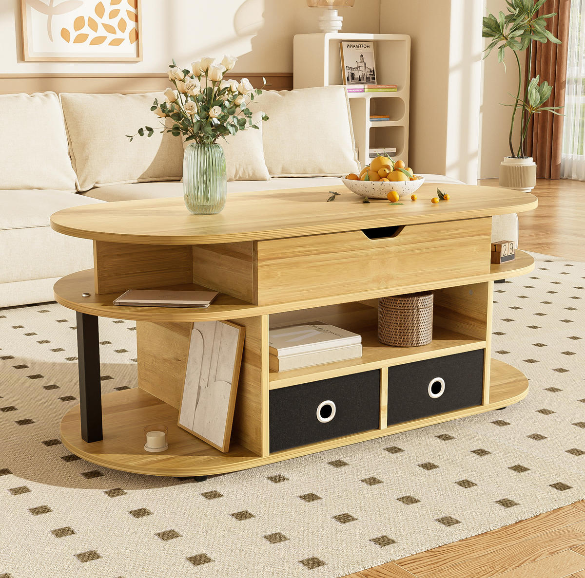 COUCHTISCH 105/50/45-60 cm mit Hebefunktion und Stauraum in Holzoptik/Schwarz - Schwarz, Holzwerkstoff (105/50/60cm) - Flora Grace