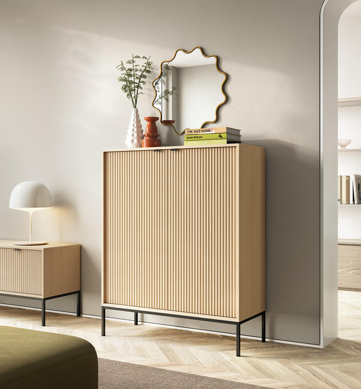 HIGHBOARD NANAIMO KOM1 Profilierte Fronten Eiche Vicenza Eiche Vicenza - Eiche Artisan, Holzwerkstoff (104/125/39cm) - Komodee