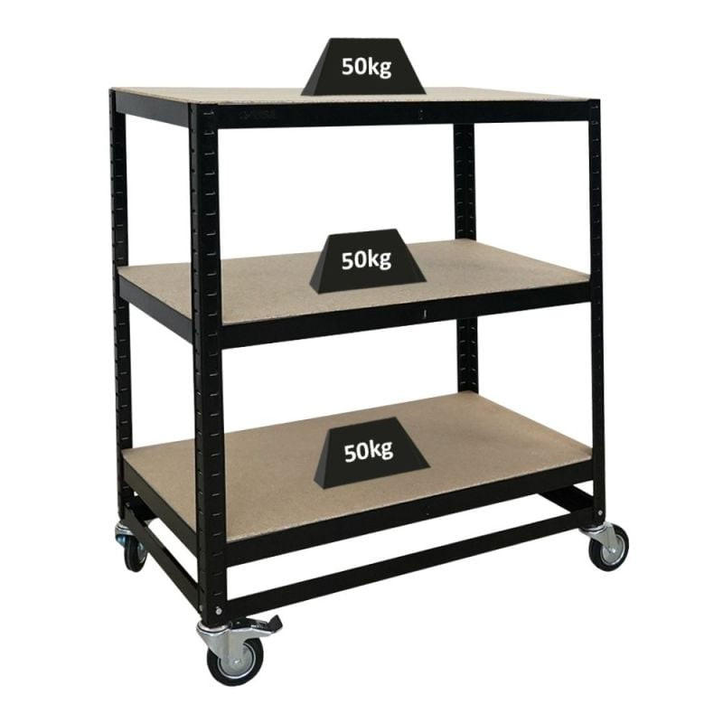 KOMMISSIONIERWAGEN BÜFFEL, 100x90x50cm, 3 Ebenen, Fachlast 50kg, 2X Lenkrollen & 2X Lenkrollen mit Feststellbremse, Schwarz - Schwarz, Metall (90/100/50cm) - PROREGAL