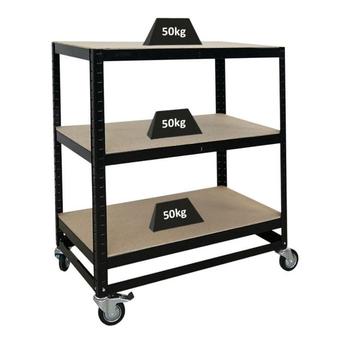 KOMMISSIONIERWAGEN BÜFFEL, 100x90x50cm, 3 Ebenen, Fachlast 50kg, 2X Lenkrollen & 2X Lenkrollen mit Feststellbremse, Schwarz - Schwarz, Metall (90/100/50cm) - PROREGAL