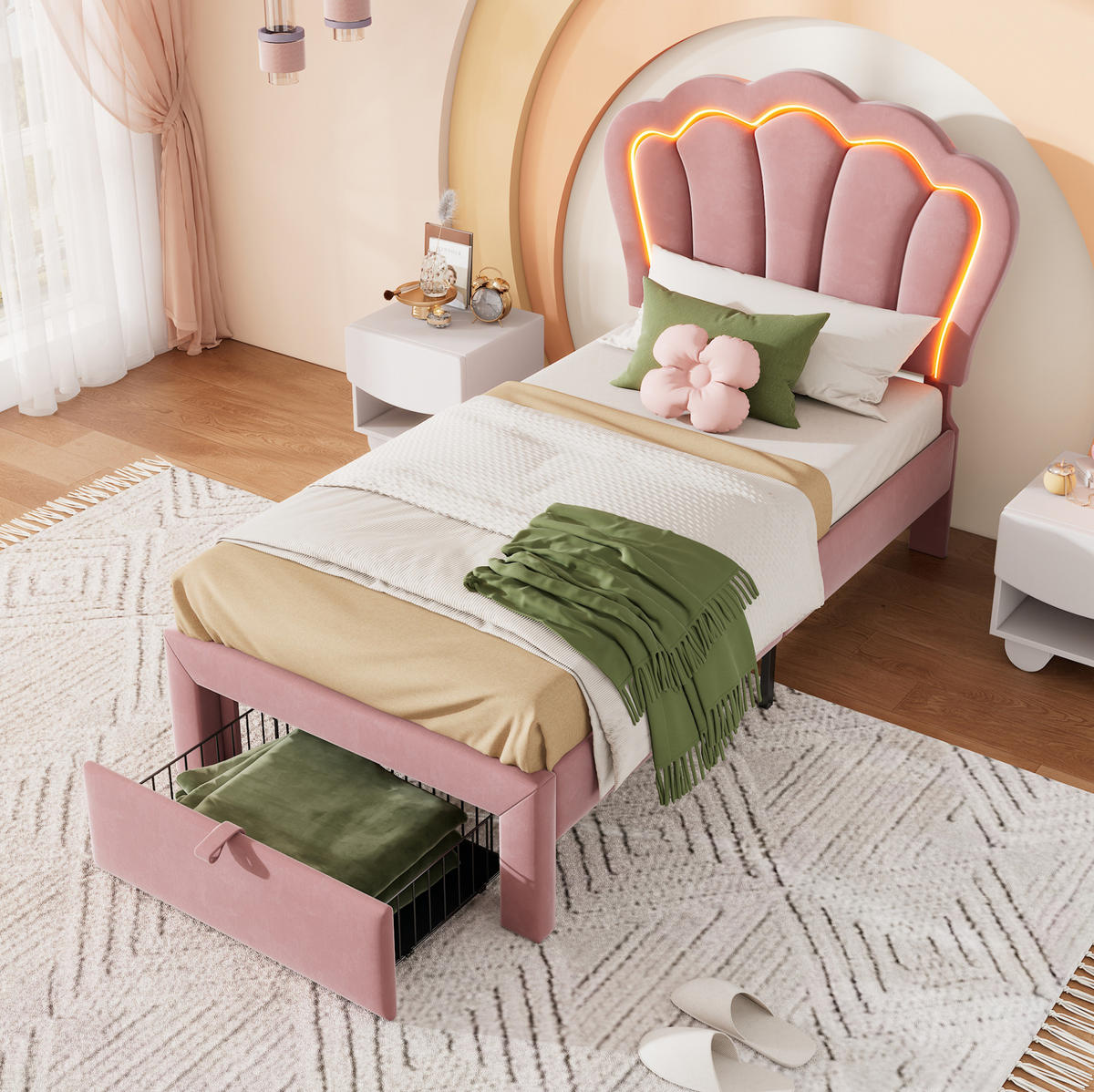 POLSTERBETT 90/190 cm mit RGB-LED, Schublade, verstellbarem Kopfteil und Blumenmuster aus Samt, Rosa - Rosa, Textil (90/190cm) - Redom