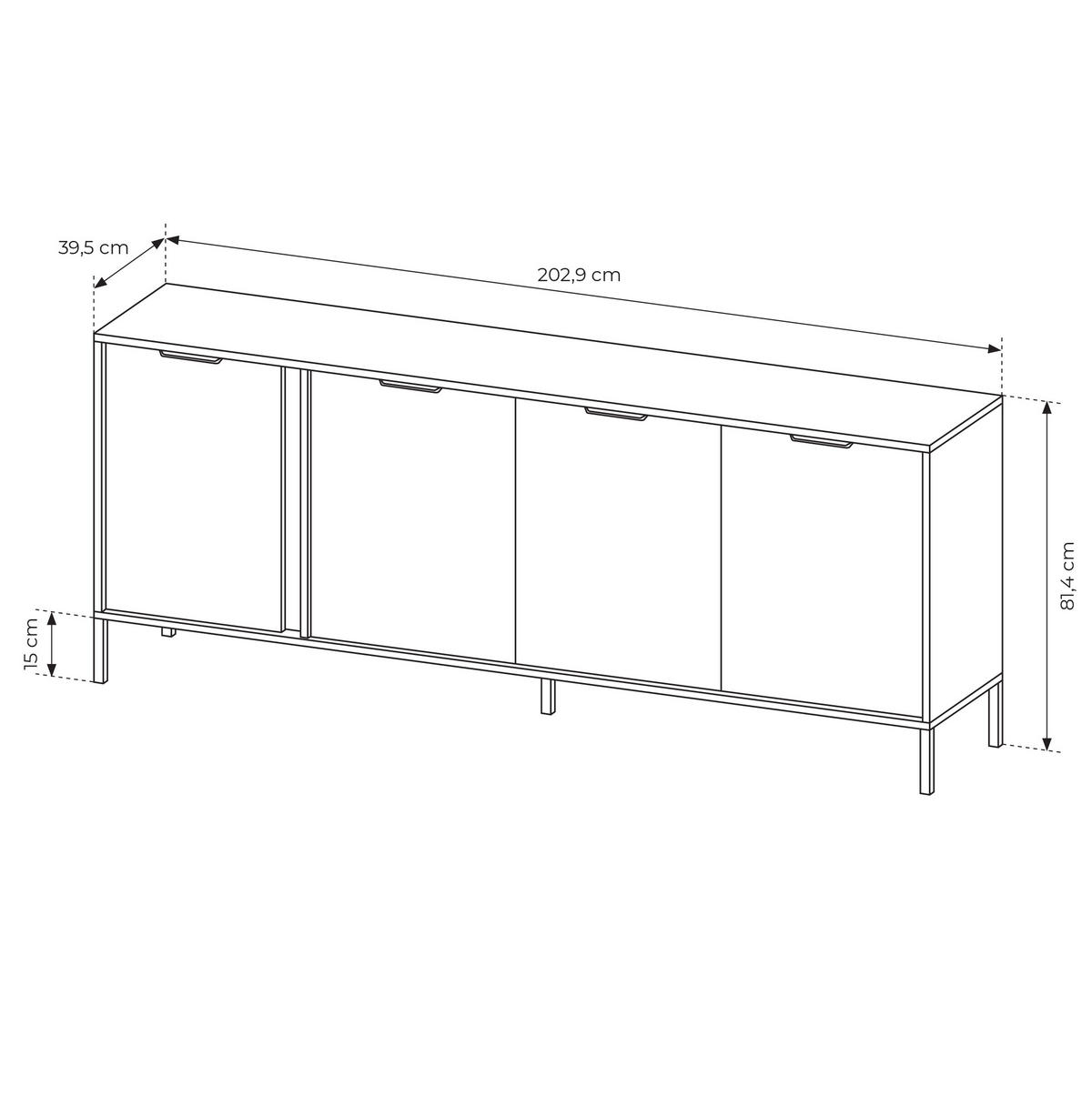 SIDEBOARD Catanian 4T Grau 202,9/81,4/39,5 cm – mit goldenen Griffen und schwarzen Beinen - Schwarz/Grau, Holzwerkstoff/Metall (202.9/81.4/39.5cm) - AX Living