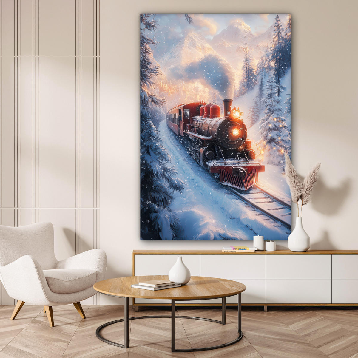 OBRAZ NA PLÁTNĚ Vánoční vlak - Sníh - Zima - Vánoce 90x140 cm - tmavě červená, textil (90/140cm) - MuchoWow