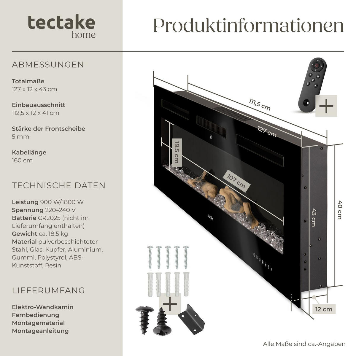 ELEKTRO-WANDKAMIN Luci,mit Fernbedienung und App-Steuerung, integriertes Thermostat,schwarz - Schwarz, Metall (127/43/12cm) - tectake