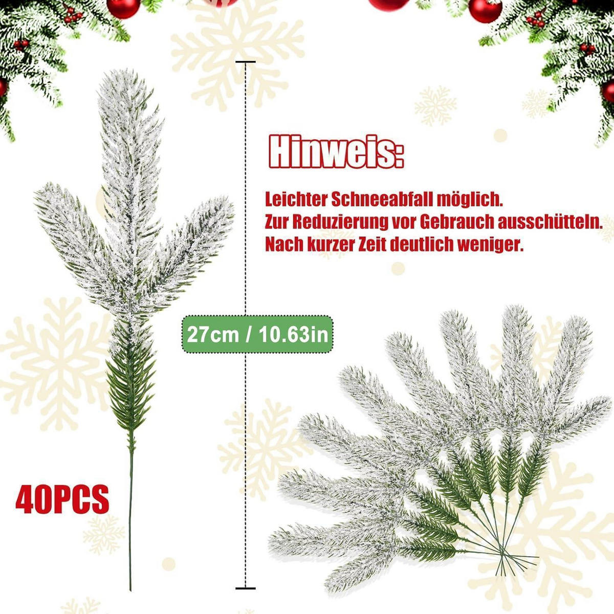 KÜNSTLICHE Tannenzweige 40 Stück mit Schnee 27 cm - Multicolor, Kunststoff (26cm)